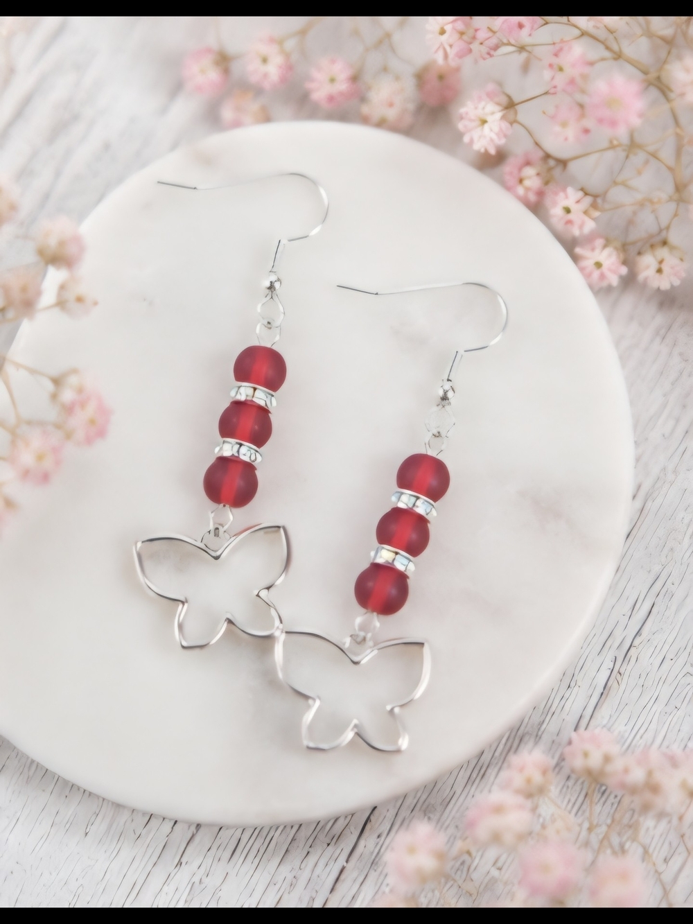 Red Bead Butterfly Dangle Earrings with Silver Accents